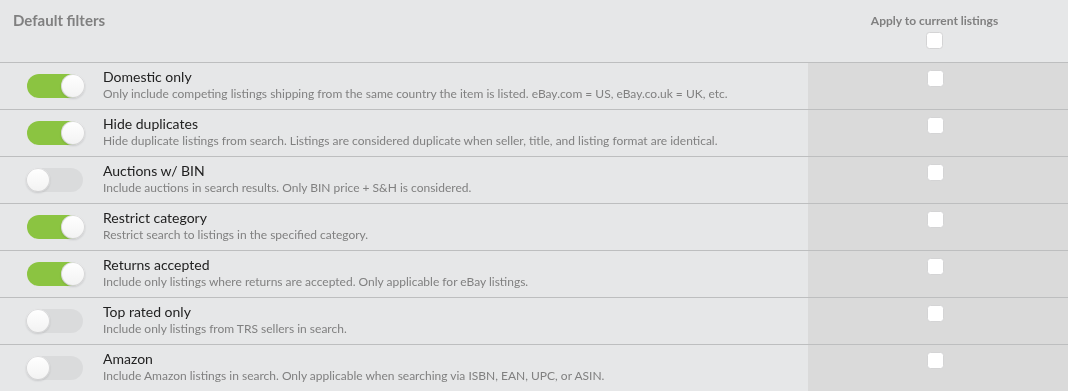 Screenshot: The Default filters section with toggles