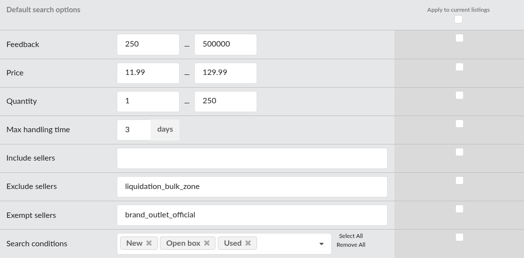 Screenshot: The Default search options section