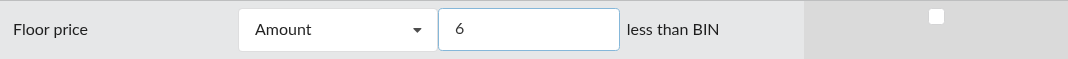 Screenshot: The Floor price dropdown with Amount selected and the "less than BIN" note