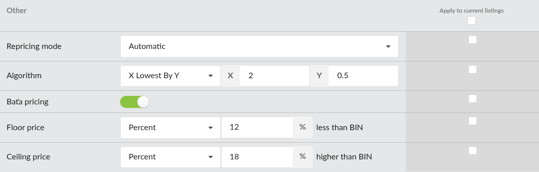 Screenshot: The Other section showing repricing mode, algorithm, Baťa pricing, floor, and ceiling