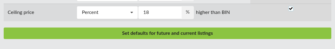 Screenshot: The save button labelled "Set defaults for future and current listings"