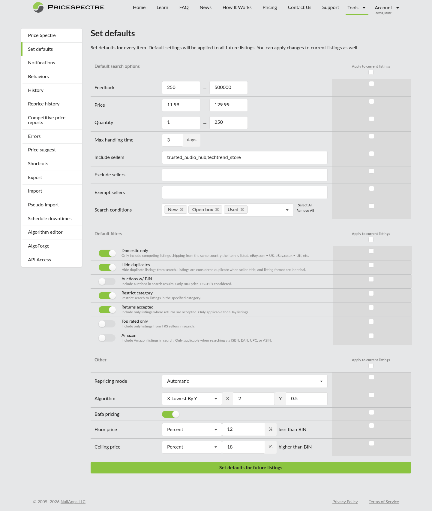 Screenshot: The Set Defaults page overview showing the three sections