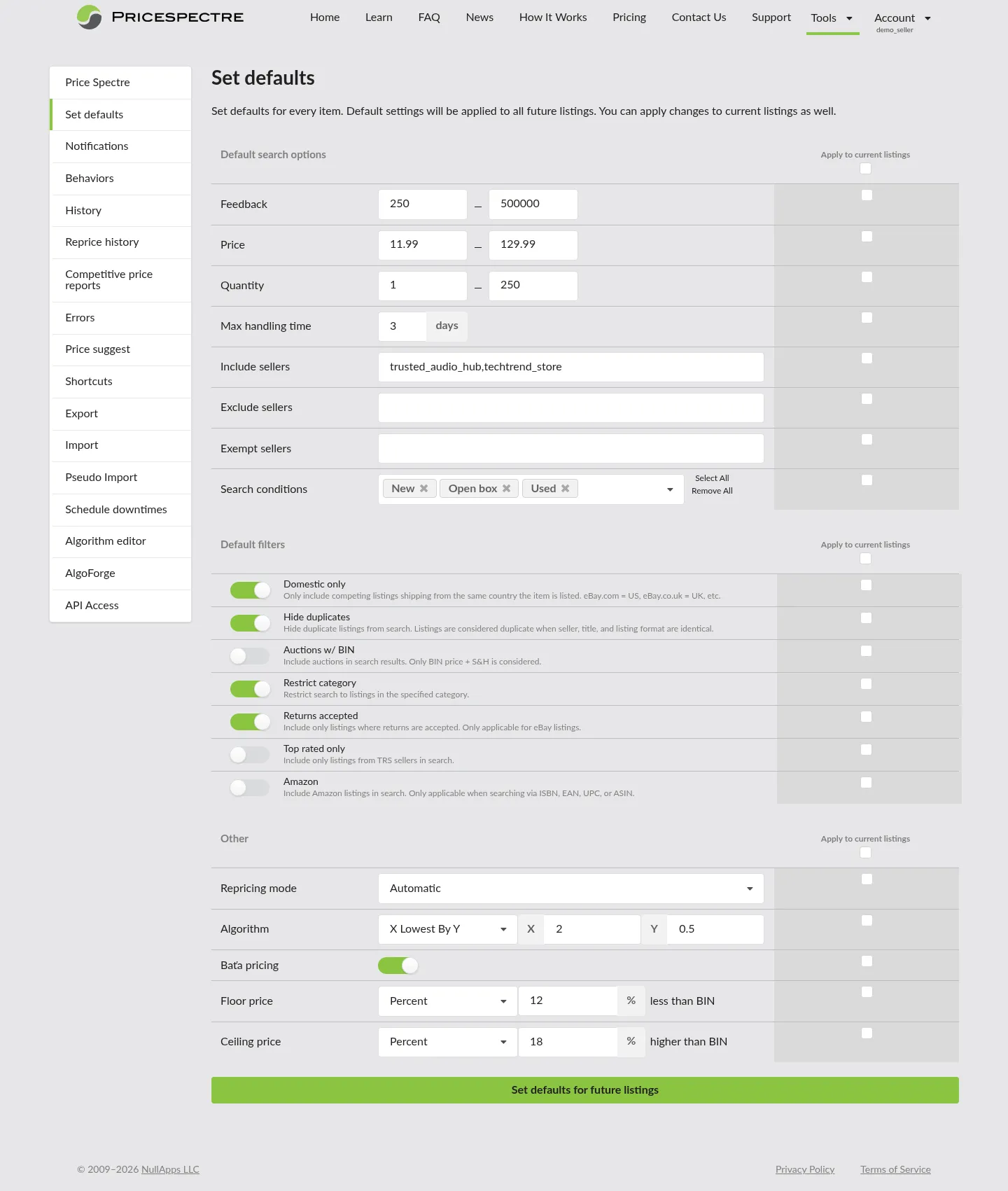 Account And Listing Defaults