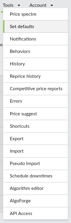 Screenshot: The Tools menu with the Set Defaults entry highlighted