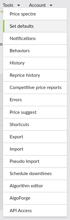 Screenshot: The Tools menu with the Set Defaults entry highlighted