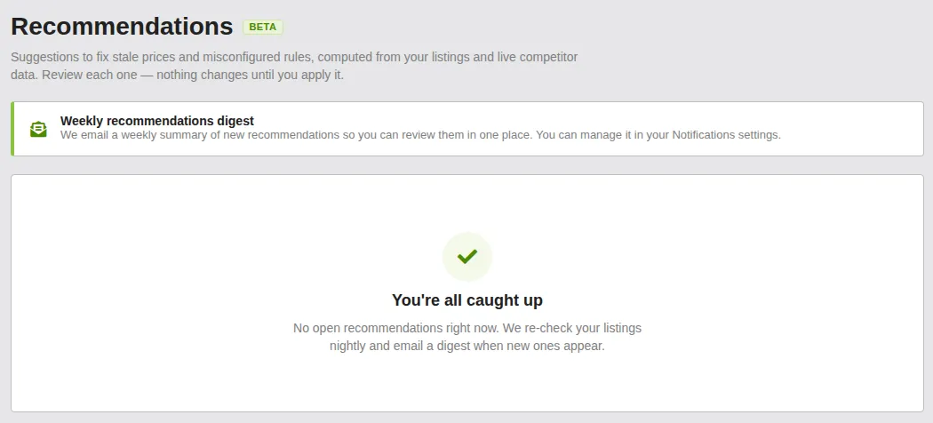 Screenshot: "You're all caught up" empty state