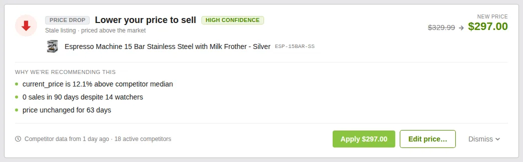 Screenshot: Price drop recommendation card showing current and suggested price
