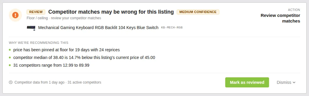 Screenshot: Review recommendation card showing the "Review competitor matches" action