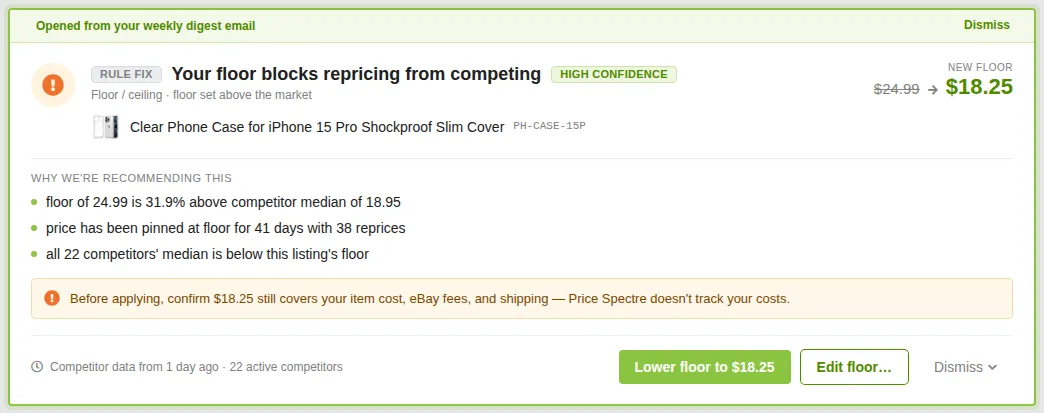 Screenshot: Recommendation card highlighted with the "Opened from your weekly digest email" banner