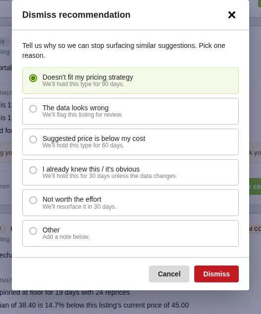 Screenshot: Dismiss recommendation dialog with the list of reasons
