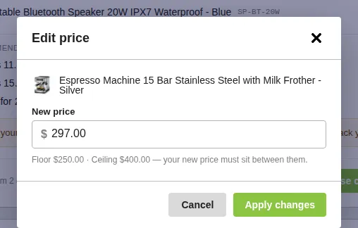 Screenshot: Edit price dialog pre-filled with the suggested value and the floor/ceiling reminder