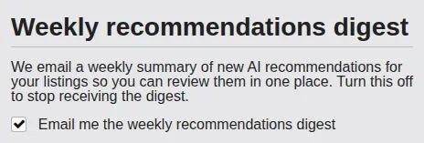 Screenshot: Notifications page showing the Weekly recommendations digest checkbox