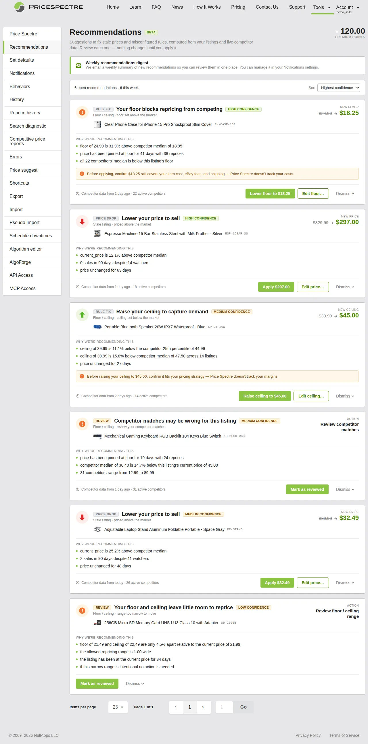 Screenshot: Recommendations page overview showing the header, digest banner, sort toolbar, and a list of recommendation cards