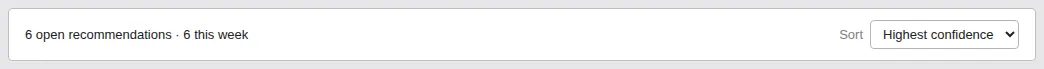 Screenshot: Recommendations toolbar with the open count and Sort dropdown