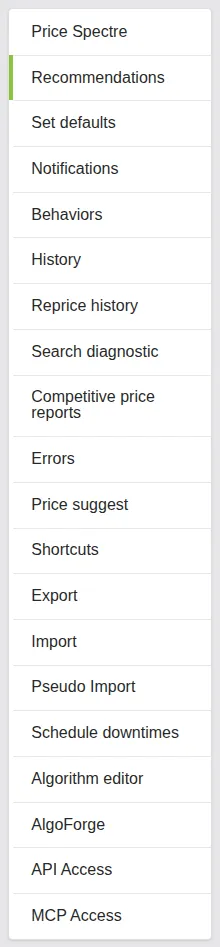 Screenshot: Recommendations entry in the Tools side menu