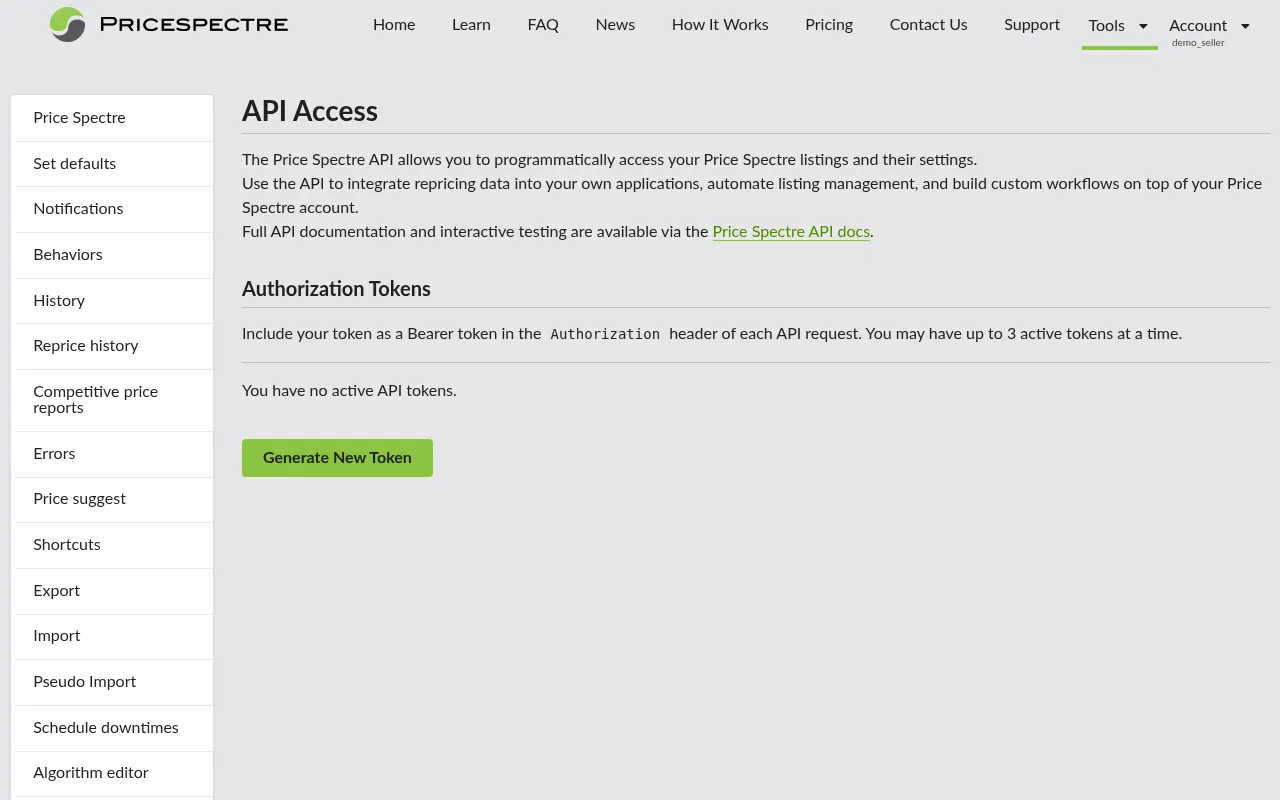 Screenshot: API Access page in its empty state, with the Generate New Token button highlighted