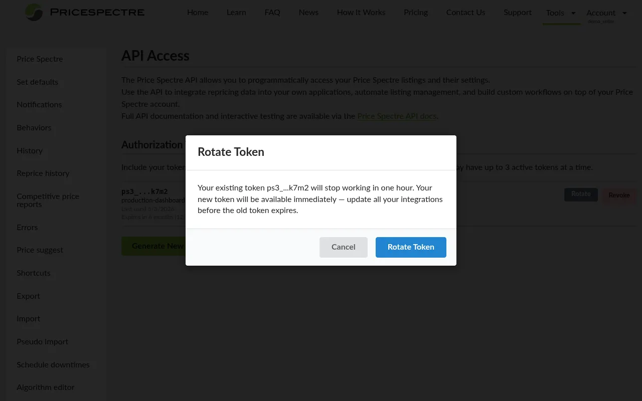 Screenshot: Confirmation modal for token rotation explaining the one-hour overlap window