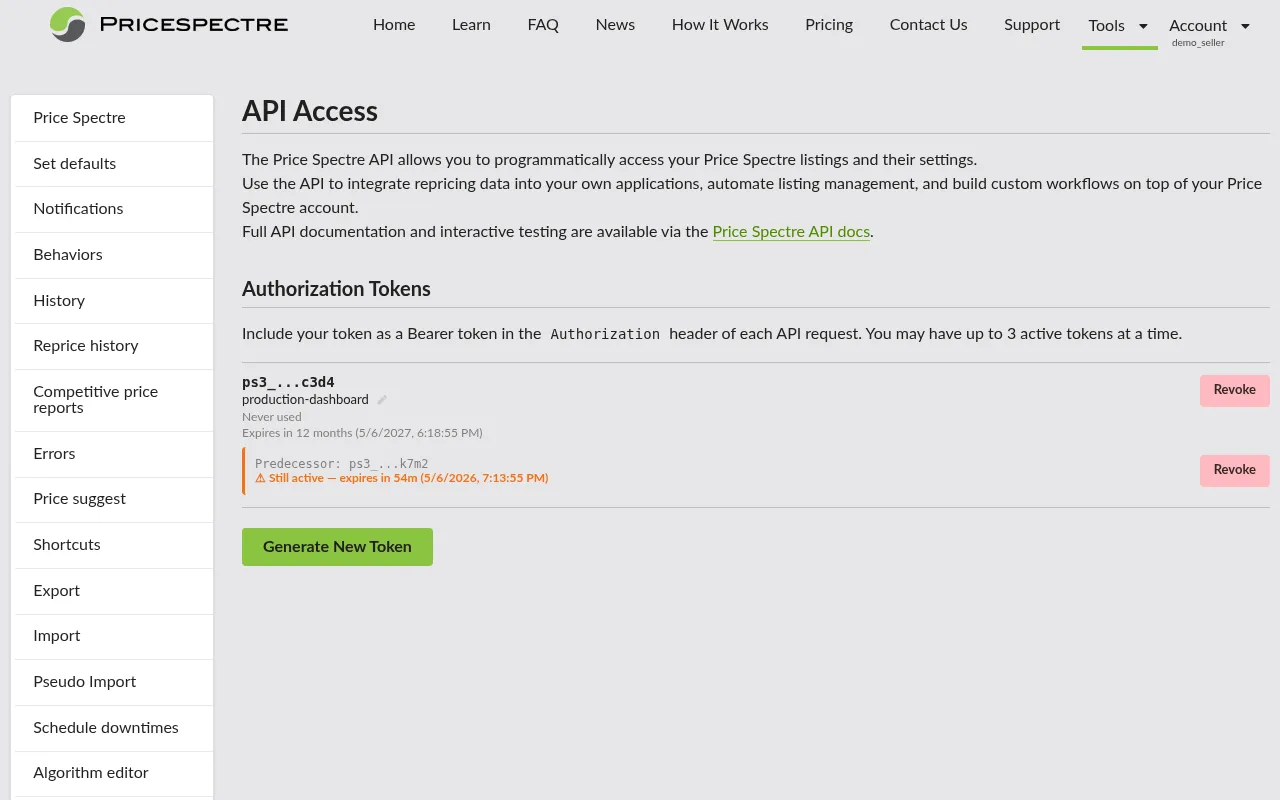 Screenshot: A rotated token showing its predecessor below, with the warning timer and a Revoke option