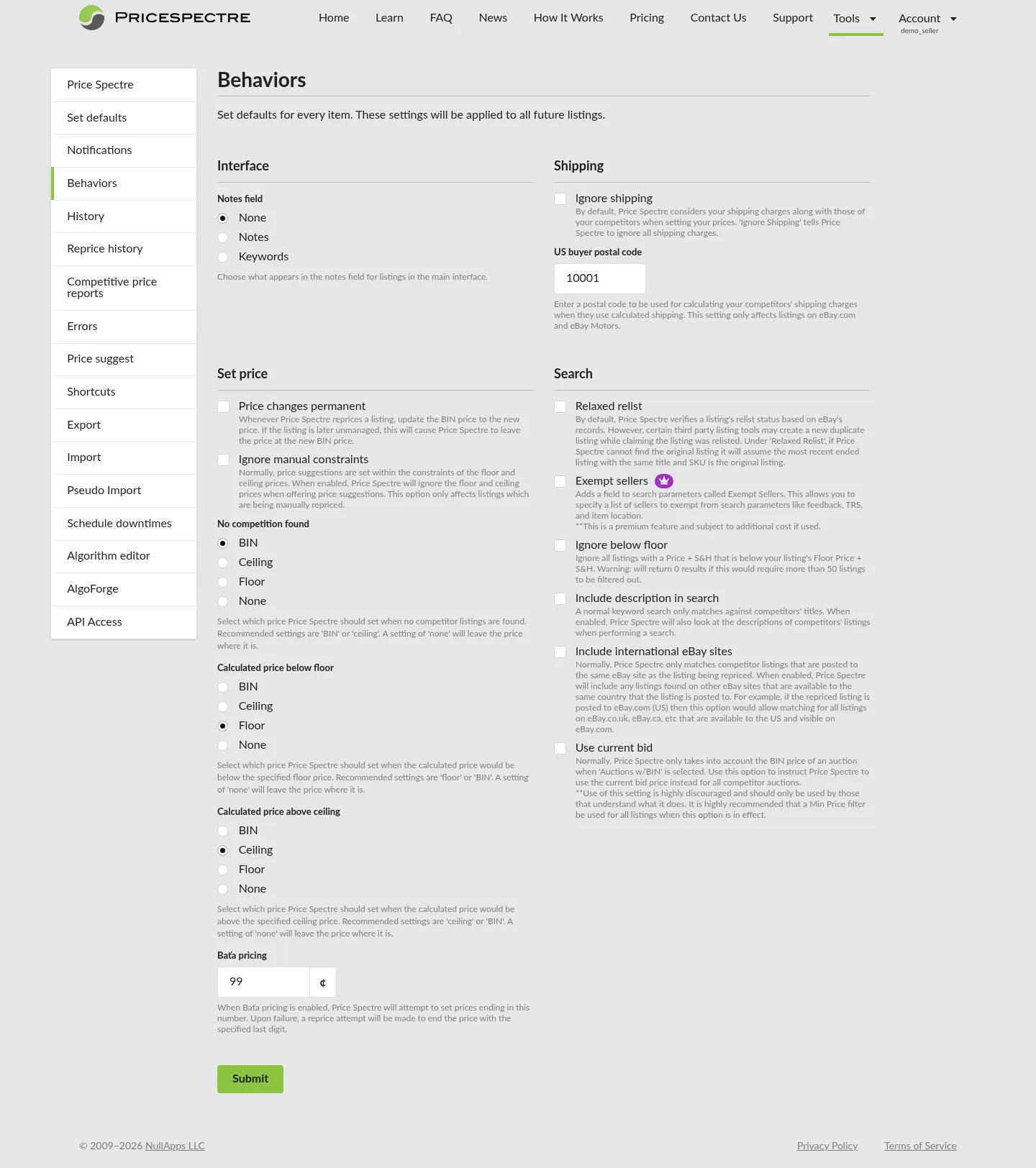 Screenshot: Behaviors page with all four sections (Interface, Shipping, Set price, Search) and a Submit button at the bottom