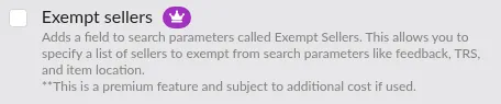 Screenshot: Exempt sellers checkbox in the Search section, alongside the Exempt Sellers field that appears on a listing once enabled