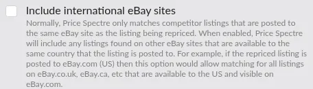 Screenshot: Include international eBay sites checkbox in the Search section
