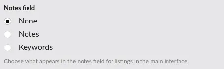 Screenshot: Notes field dropdown in the Behaviors page Interface section