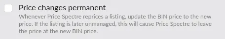 Screenshot: Price changes permanent checkbox with a small explainer of the BIN-sync effect