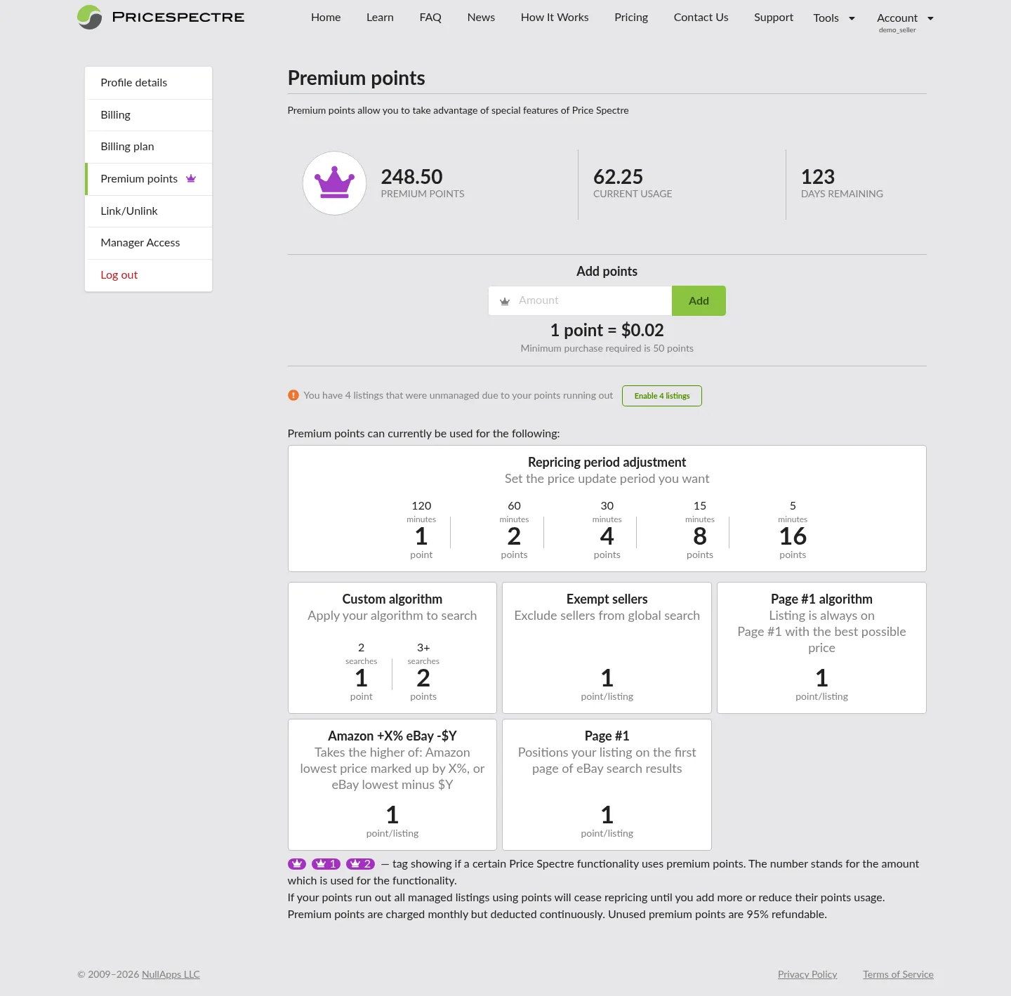 Screenshot: Premium Points balance, monthly draw-down summary, and the one-click re-manage button after a balance top-up