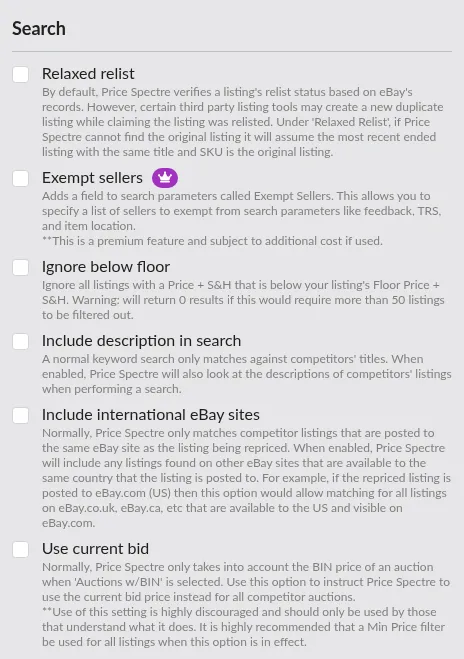 Screenshot: Search section of the Behaviors page showing the six search-related checkboxes