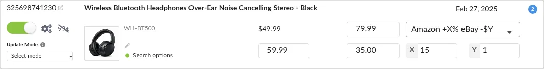 Screenshot: Amazon +X% eBay -$Y algorithm with X and Y fields filled in