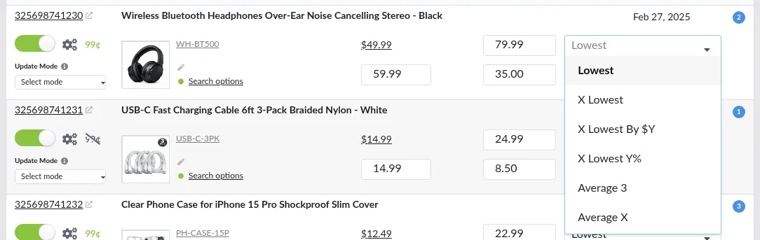Screenshot: Algorithm dropdown on a listing showing the built-in algorithms