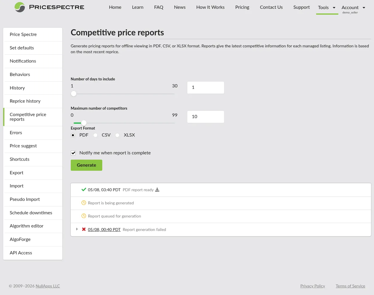 Screenshot: Competitive price reports page with the generation controls and recent report list