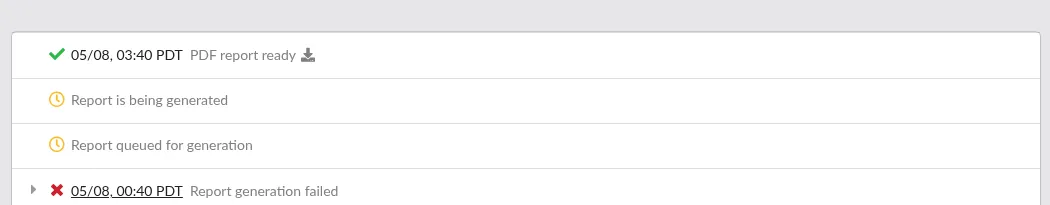 Screenshot: Report list showing queued, ready, and failed entries with status icons