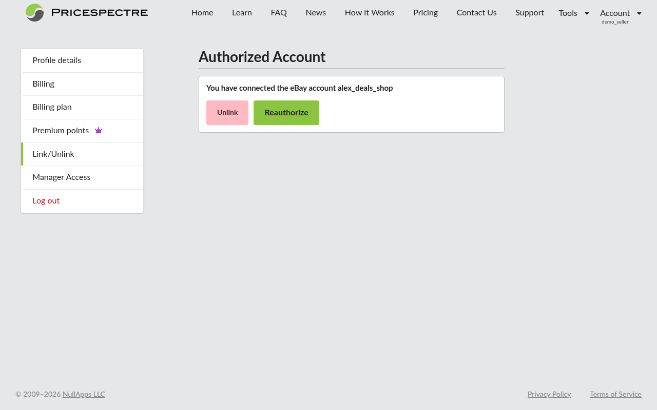 Screenshot: The Account > Link/Unlink page where eBay accounts are re-authorized