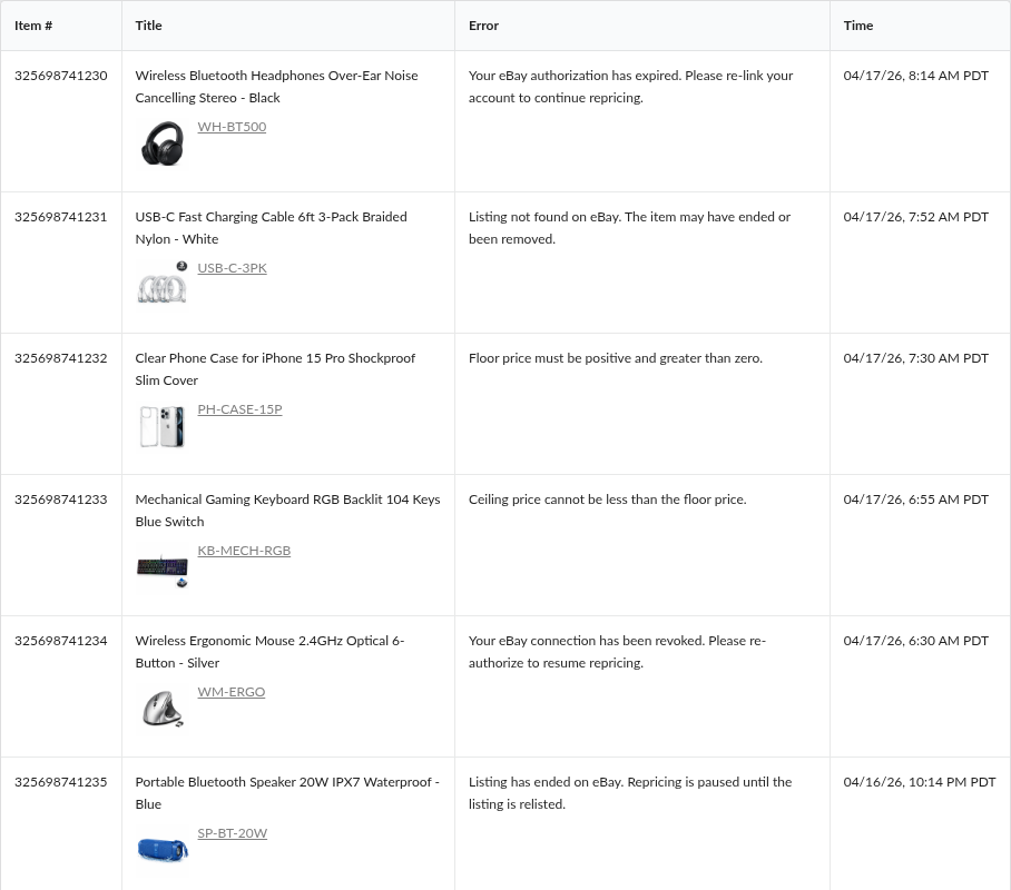 Screenshot: The desktop errors table showing Item #, Title, Error, and Time columns