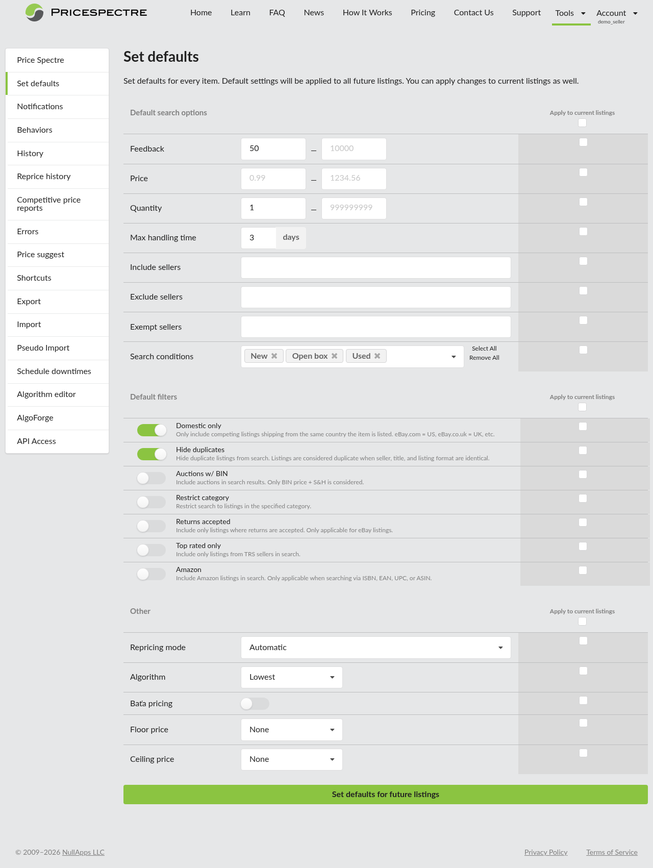 Screenshot: The Set Defaults page showing the default floor and ceiling controls