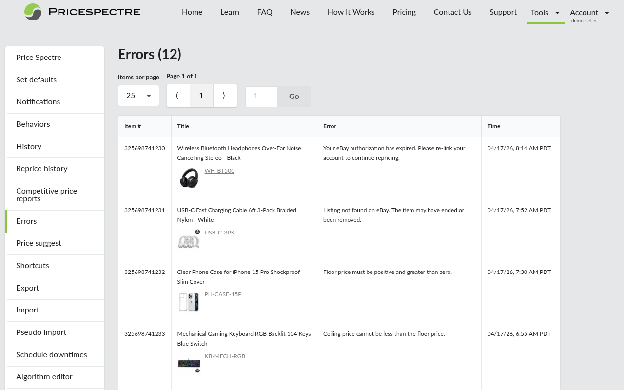 Screenshot: The Tools menu with the Errors entry highlighted