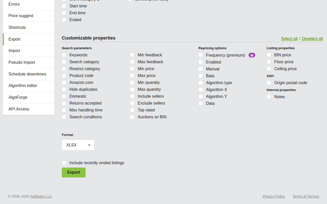 Screenshot: Customizable properties section with checkbox groups