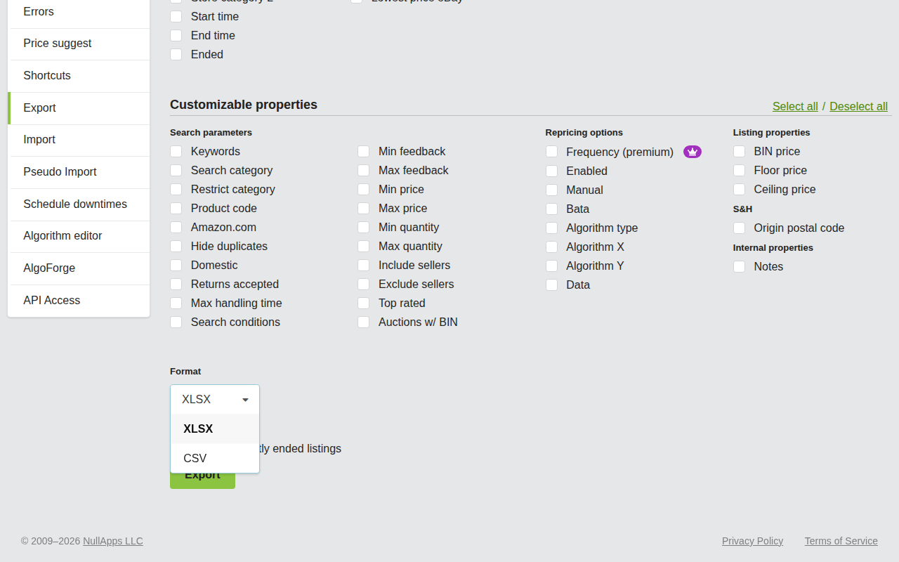 Screenshot: Format dropdown showing XLSX and CSV options