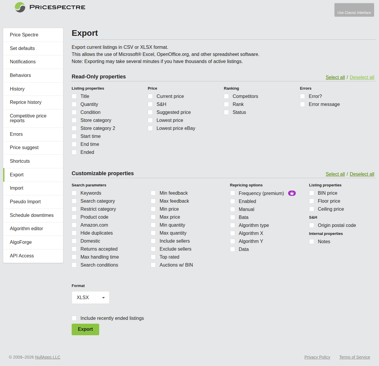 Screenshot: Export page overview