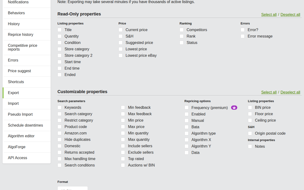 Screenshot: Read-only properties section with checkbox groups