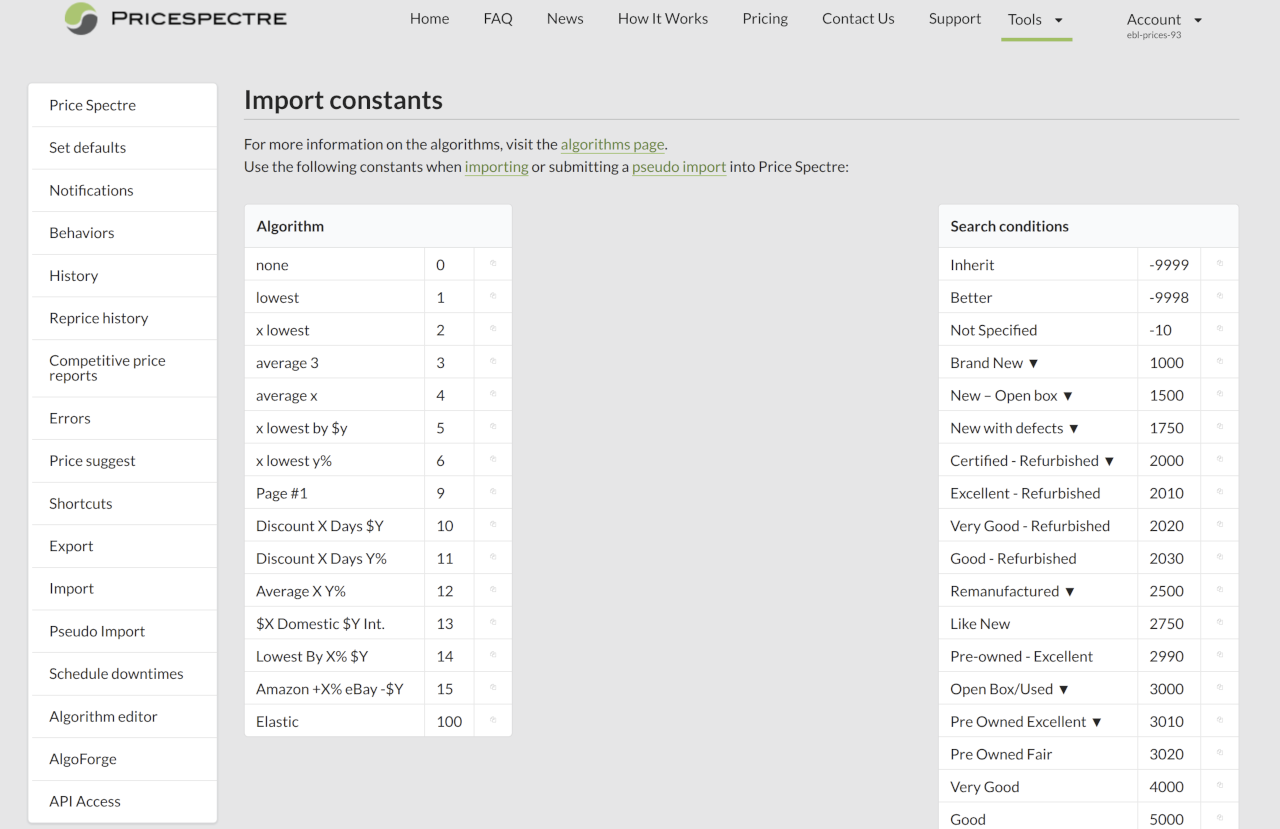 Screenshot: Import Constants page showing algorithm, condition, and frequency tables