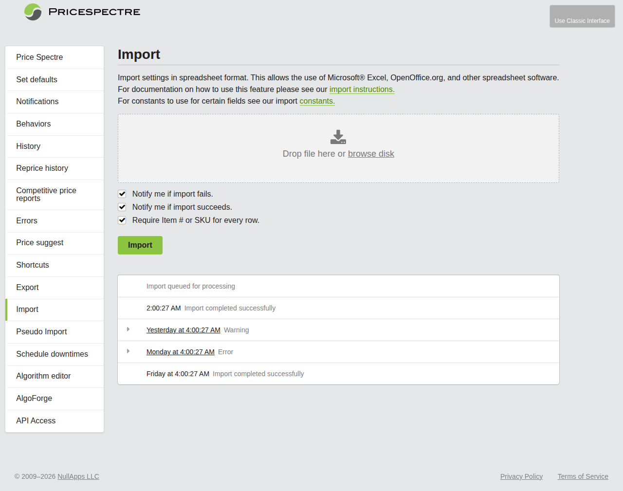 Screenshot: Import page overview