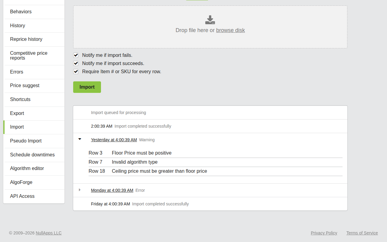 Screenshot: Import results with status and error details