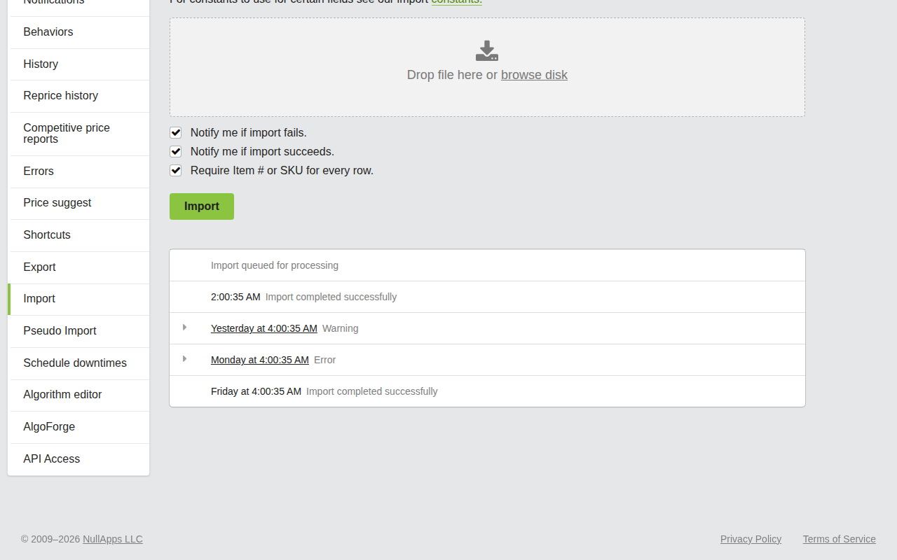 Screenshot: Pending and recent imports sections