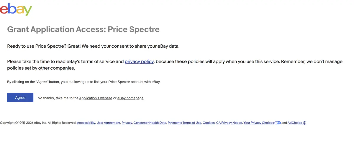Screenshot: eBay's consent screen showing the permissions Price Spectre is requesting