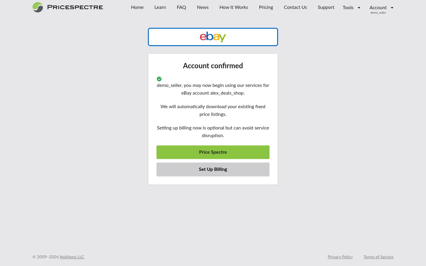 Screenshot: Confirmation that the eBay account is now linked to Price Spectre