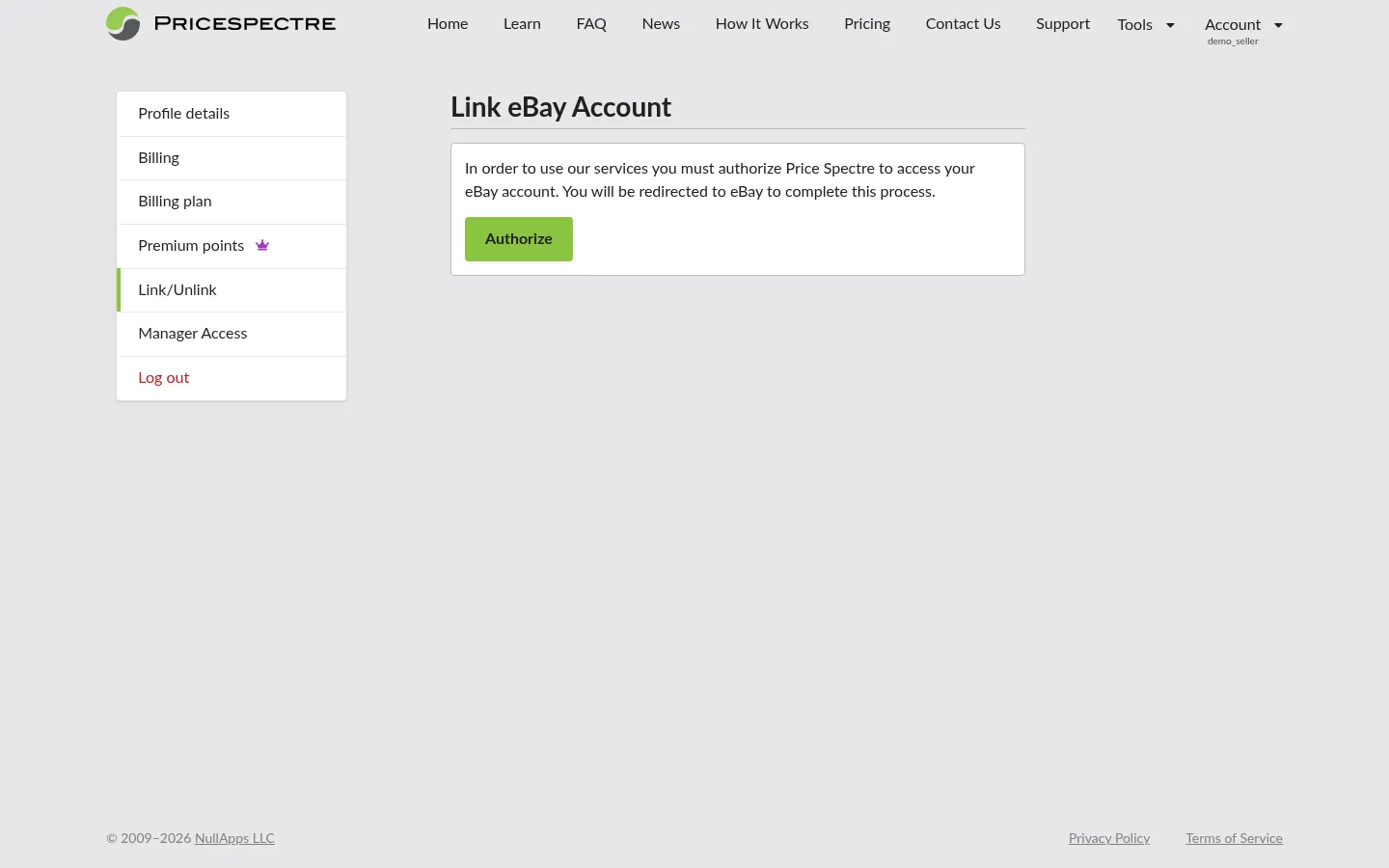 Screenshot: The Link/Unlink page in Price Spectre, with the Link eBay Account button highlighted