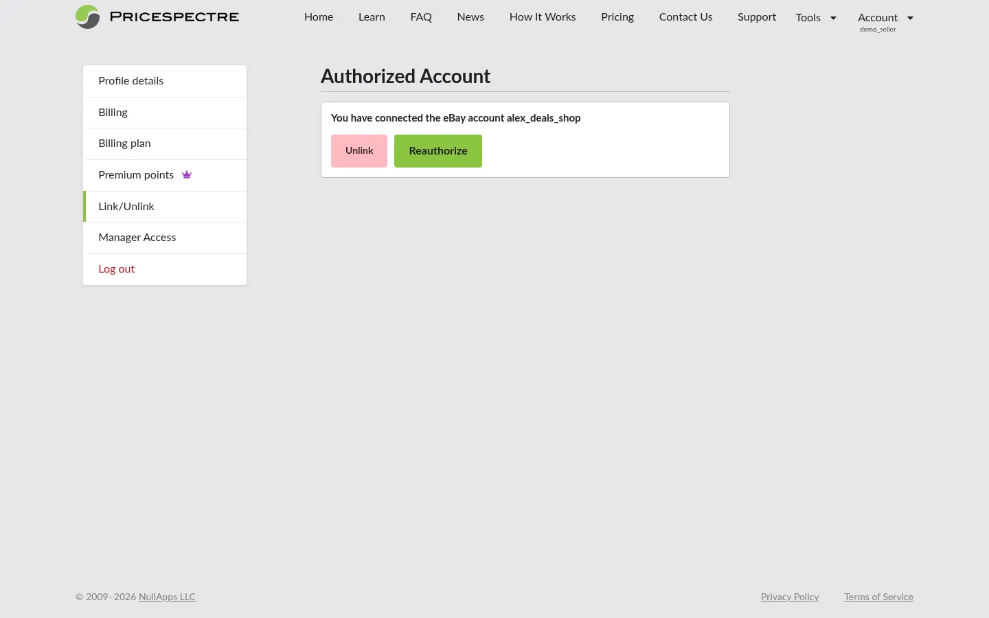 Screenshot: Linked-account status panel on the Link/Unlink page, showing the connected eBay seller ID
