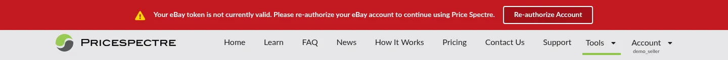 Screenshot: Reauthorize banner displayed in Price Spectre when the eBay connection has expired